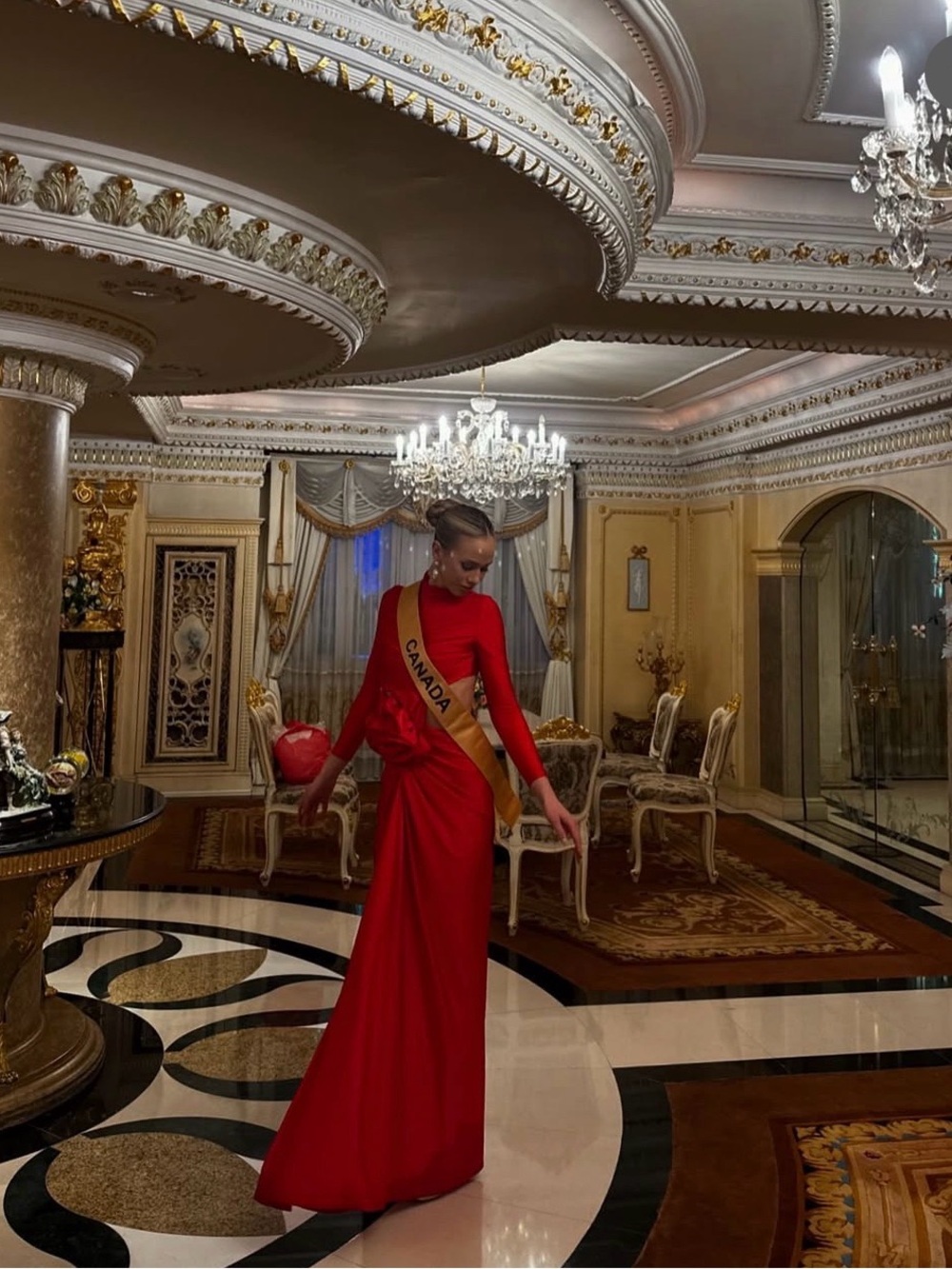 Canada Sash Long Sleeve Red Prom Dress
